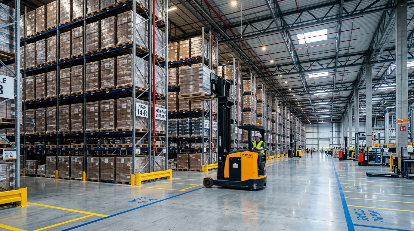 High-bay distribution center and palletized inventory warehouse